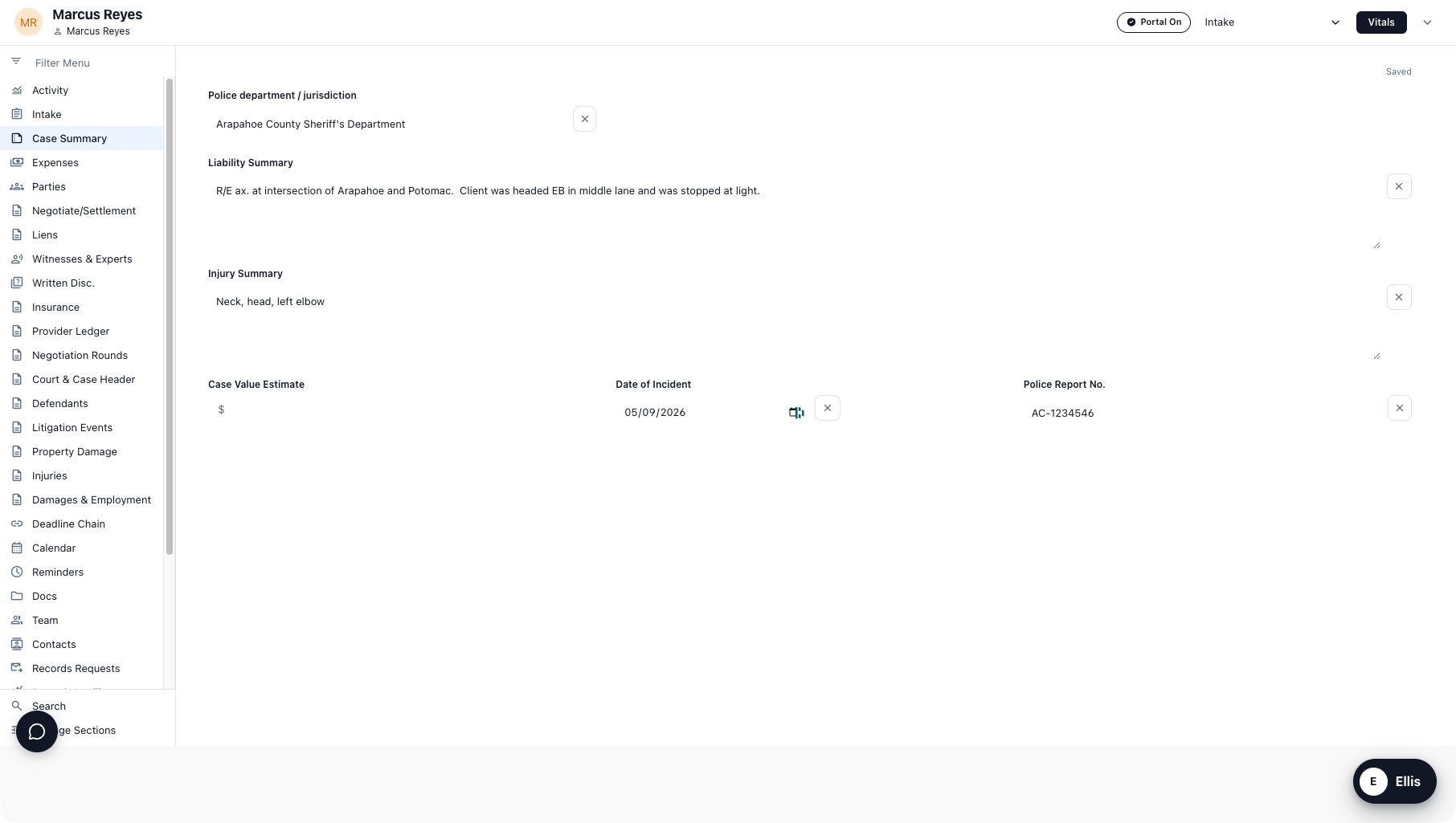 SettleStack case summary: liability summary, injury summary, date of incident, and police report fields on a demo case